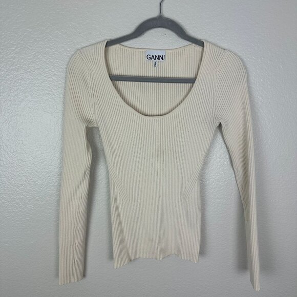 Ganni A. Ribbed Long Sleeve Top S Cream Stretchy Minimalist Contemporary Solid B - Picture 1 of 11